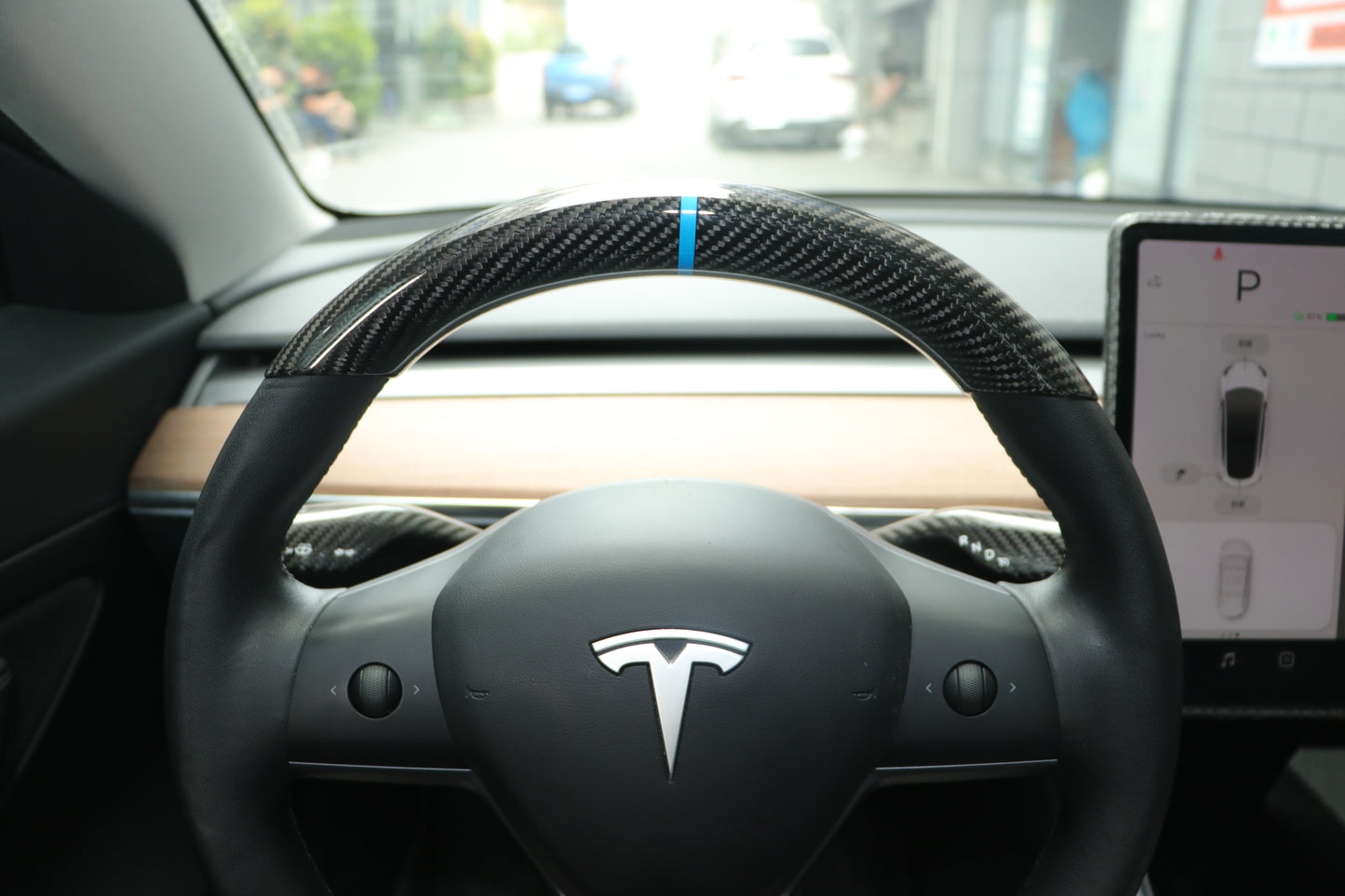 Gloss With Blue Ring Dry Carbon Fiber Steering Wheel Top Cap For Tesla Model 3 & Y 2017-2023