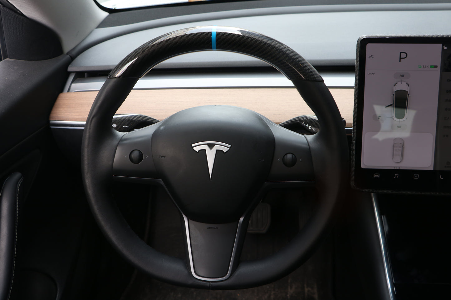 Gloss With Blue Ring Dry Carbon Fiber Steering Wheel Top Cap For Tesla Model 3 & Y 2017-2023