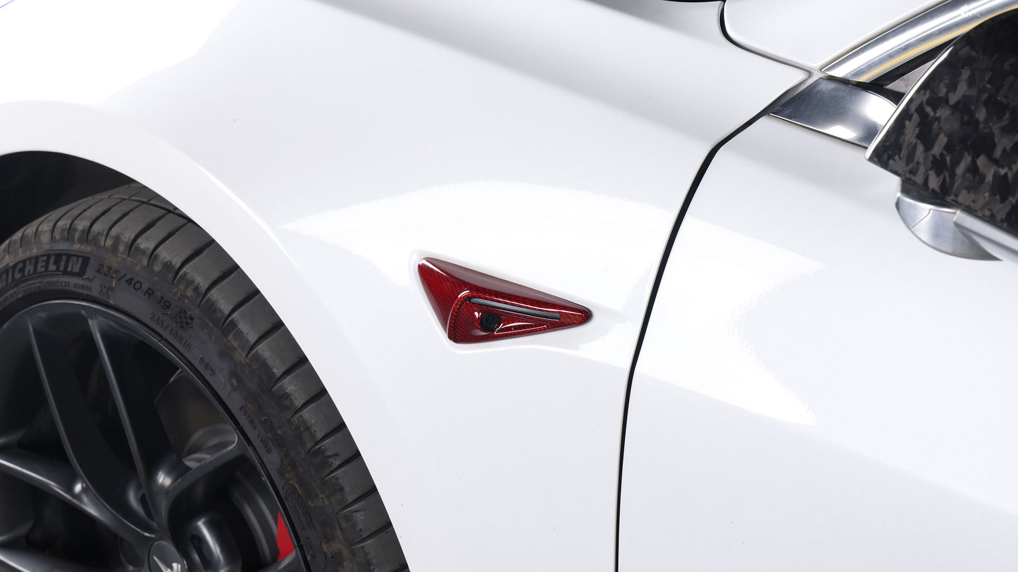 Red Dry Carbon Fiber Side Camera Full Housing Covers 2 pcs For Tesla Model S & X & 3 & Y 2017+