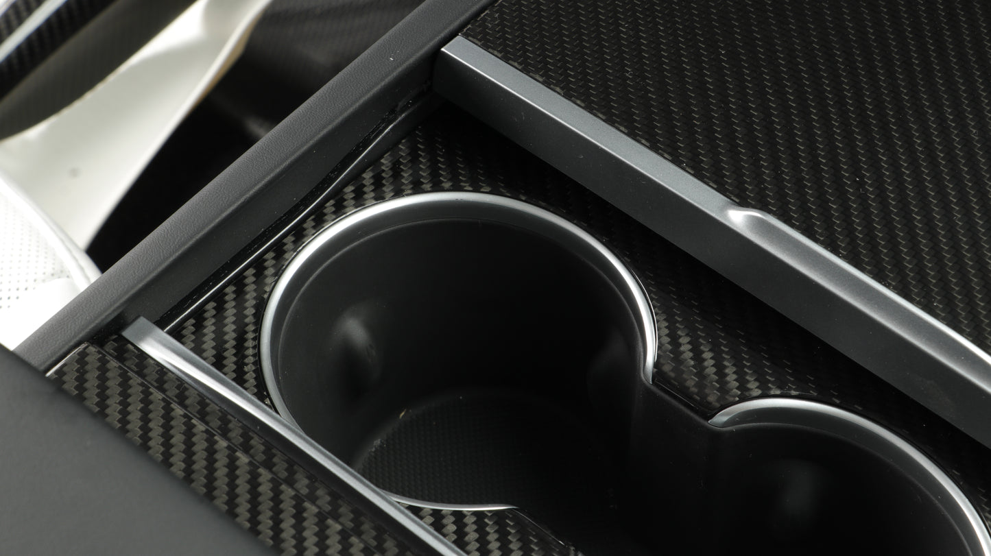 Gloss Dry Carbon Fiber Front Seat Cup Holder Cover For Tesla Highland Model 3 2023+