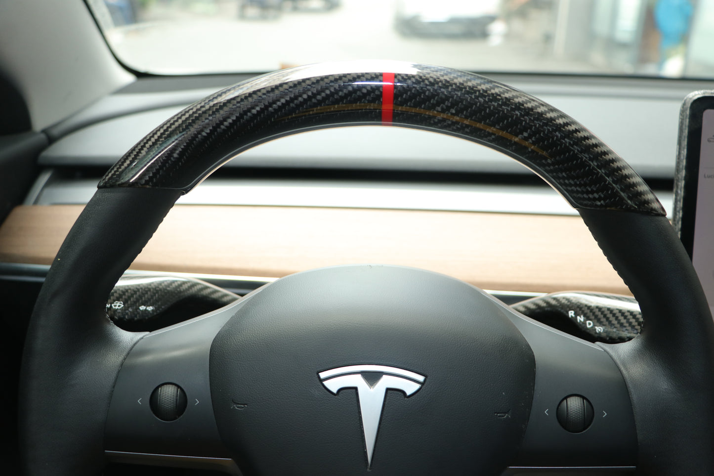 Gloss With Red Ring Dry Carbon Fiber Steering Wheel Top Cap For Tesla Model 3 & Y 2017-2023