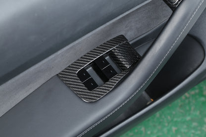 Gloss Dry Carbon Fiber Window & Door Switch Kit 10 Pcs LHD For Tesla Model 3 & Y 2021-2023